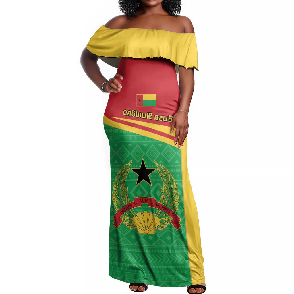 Personalised Afro Guinea Bissau Off Shoulder Maxi Dress Coat Of Arms Mix African Pattern