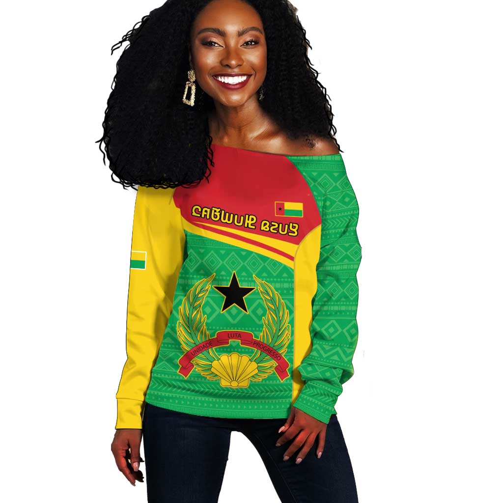 Personalised Afro Guinea Bissau Off Shoulder Sweater Coat Of Arms Mix African Pattern