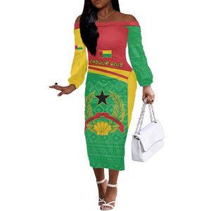 Personalised Afro Guinea Bissau Off The Shoulder Long Sleeve Dress Coat Of Arms Mix African Pattern