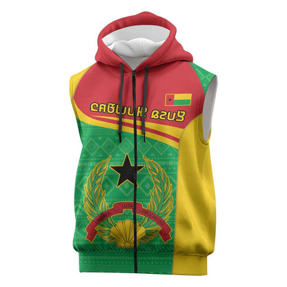 Personalised Afro Guinea Bissau Sleeveless Zip Hoodie Coat Of Arms Mix African Pattern - African Pride