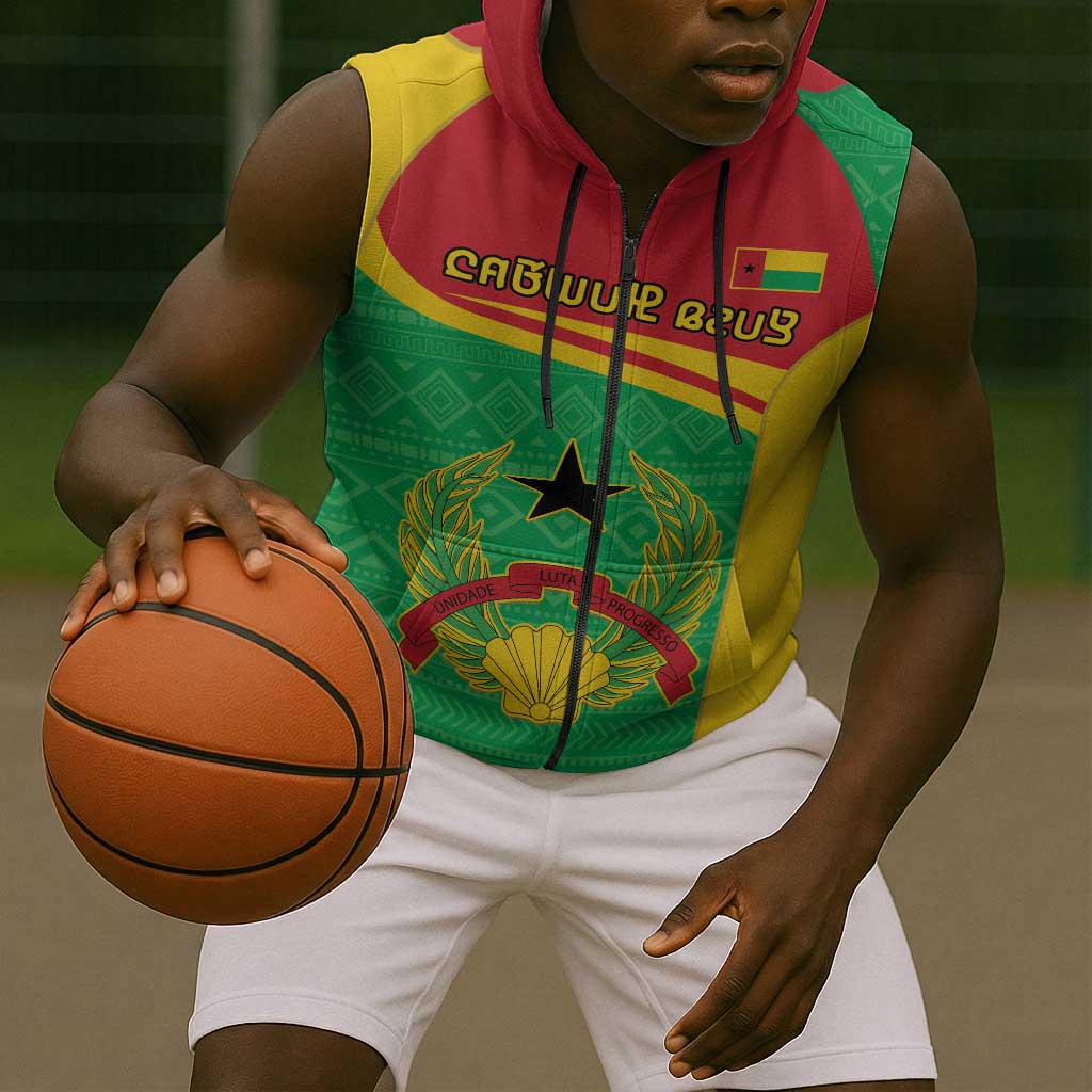 Personalised Afro Guinea Bissau Sleeveless Zip Hoodie Coat Of Arms Mix African Pattern - African Pride