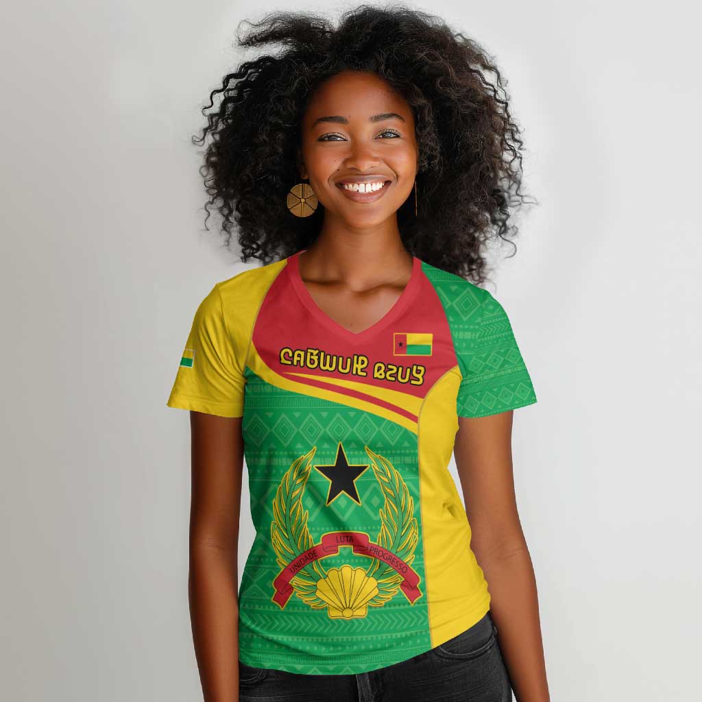 Personalised Afro Guinea Bissau Women V-Neck T-Shirt Coat Of Arms Mix African Pattern