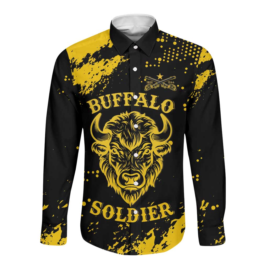 Personalized African-American Heroes Long Sleeve Button Shirt Bison Buffalo Soldiers - Black Grunge Style - African Pride