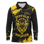 Personalized African-American Heroes Long Sleeve Polo Shirt Bison Buffalo Soldiers - Black Grunge Style - African Pride