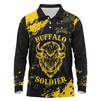 Personalized African-American Heroes Long Sleeve Polo Shirt Bison Buffalo Soldiers - Black Grunge Style - African Pride
