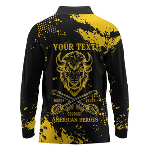Personalized African-American Heroes Long Sleeve Polo Shirt Bison Buffalo Soldiers - Black Grunge Style - African Pride