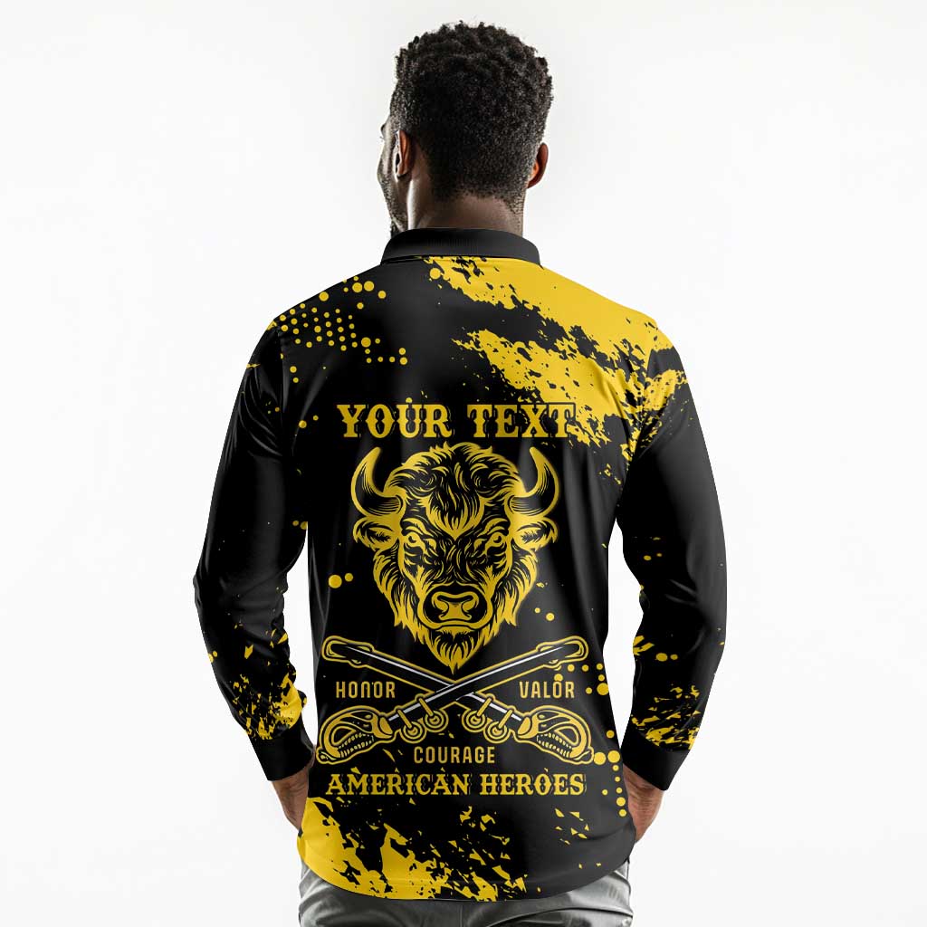 Personalized African-American Heroes Long Sleeve Polo Shirt Bison Buffalo Soldiers - Black Grunge Style - African Pride