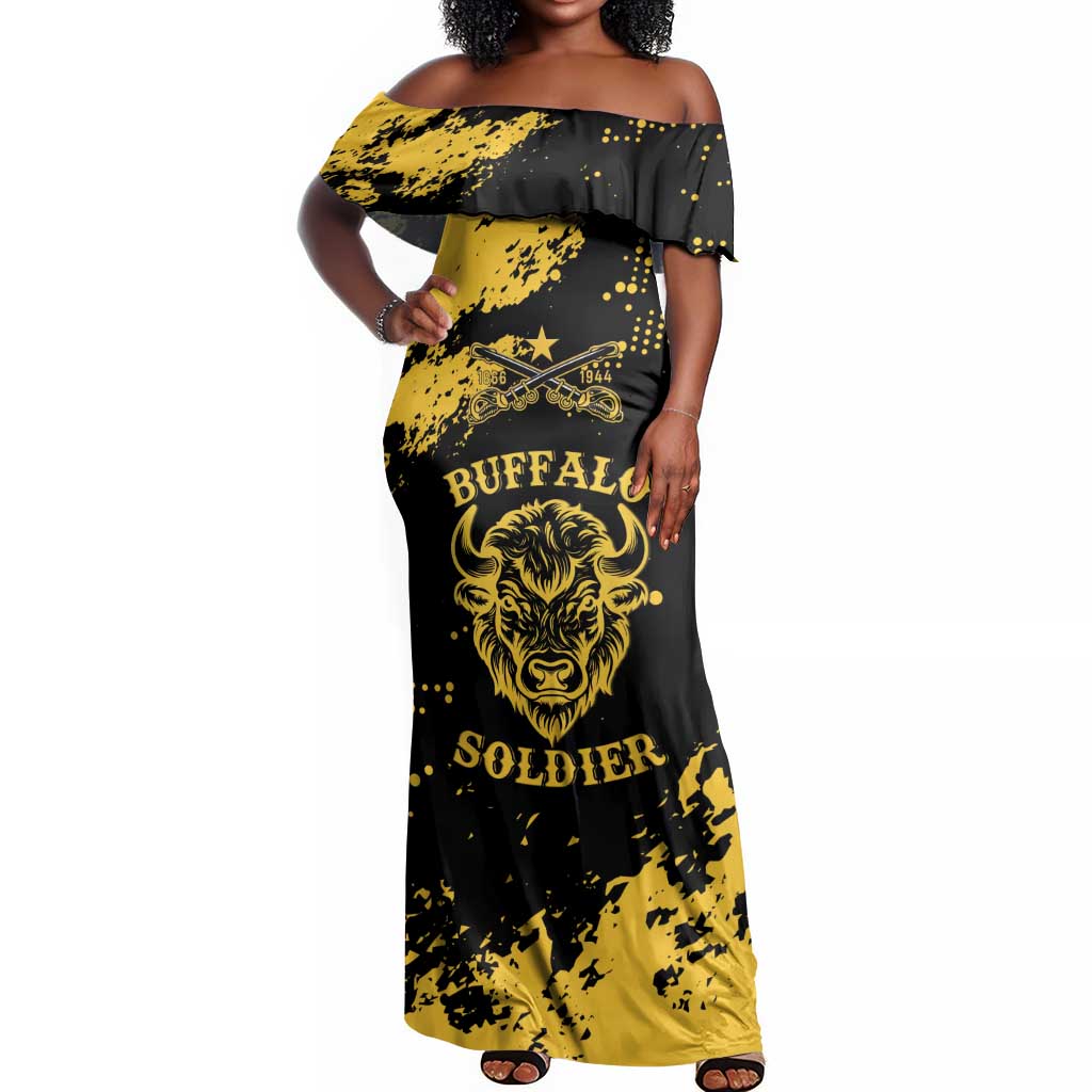 Personalized African-American Heroes Off Shoulder Maxi Dress Bison Buffalo Soldiers - Black Grunge Style - African Pride