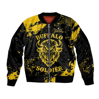 Personalized African-American Heroes Sleeve Zip Bomber Jacket Bison Buffalo Soldiers - Black Grunge Style - African Pride