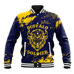 Personalized African-American Heroes Baseball Jacket Bison Buffalo Soldiers - Blue Grunge Style - African Pride
