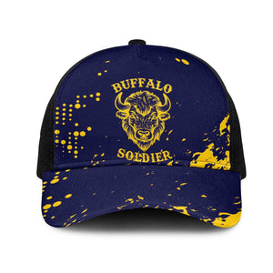 Personalized African-American Heroes Baseball Net Cap Bison Buffalo Soldiers - Blue Grunge Style - African Pride
