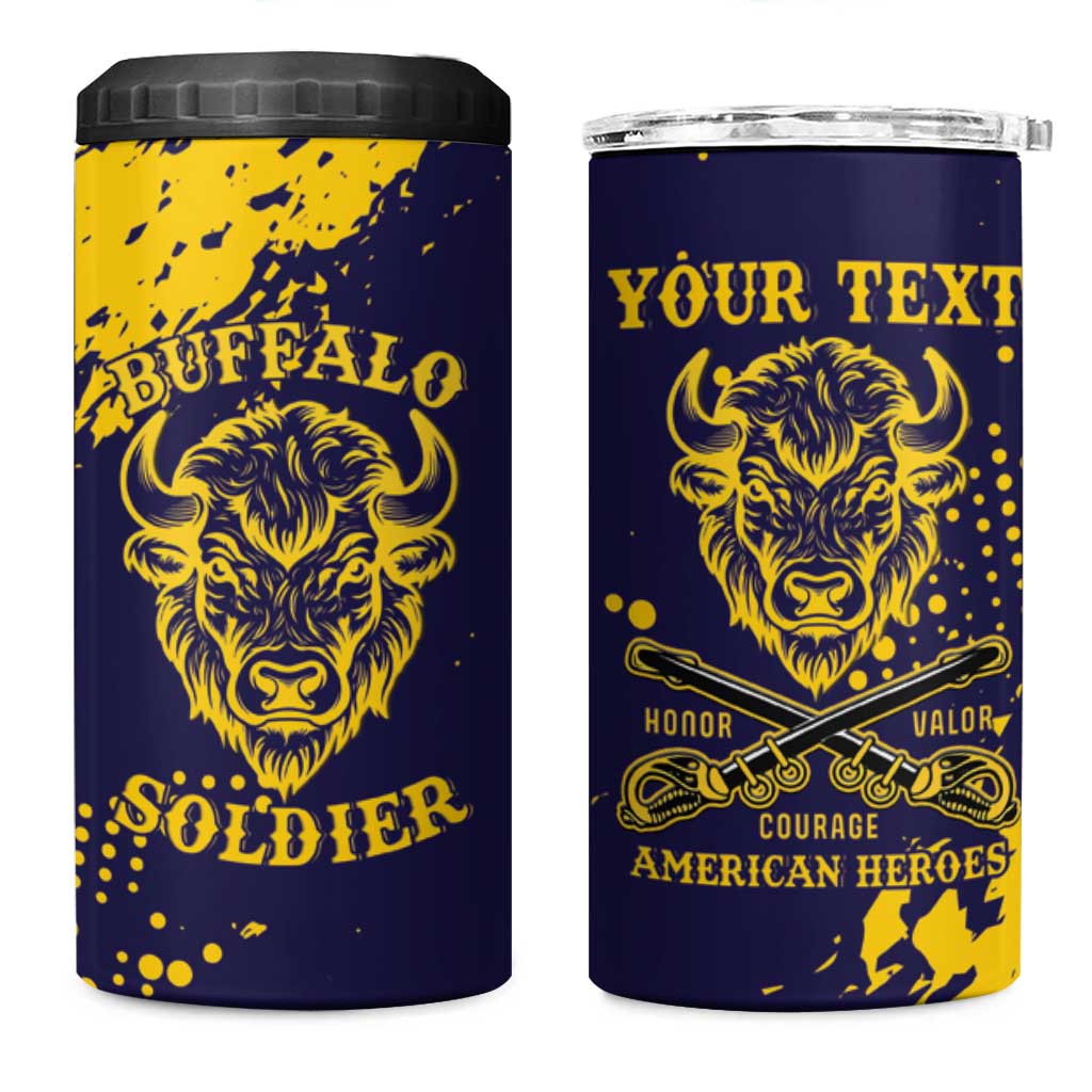 Personalized African-American Heroes 4 in 1 Can Cooler Tumbler Bison Buffalo Soldiers - Blue Grunge Style - African Pride