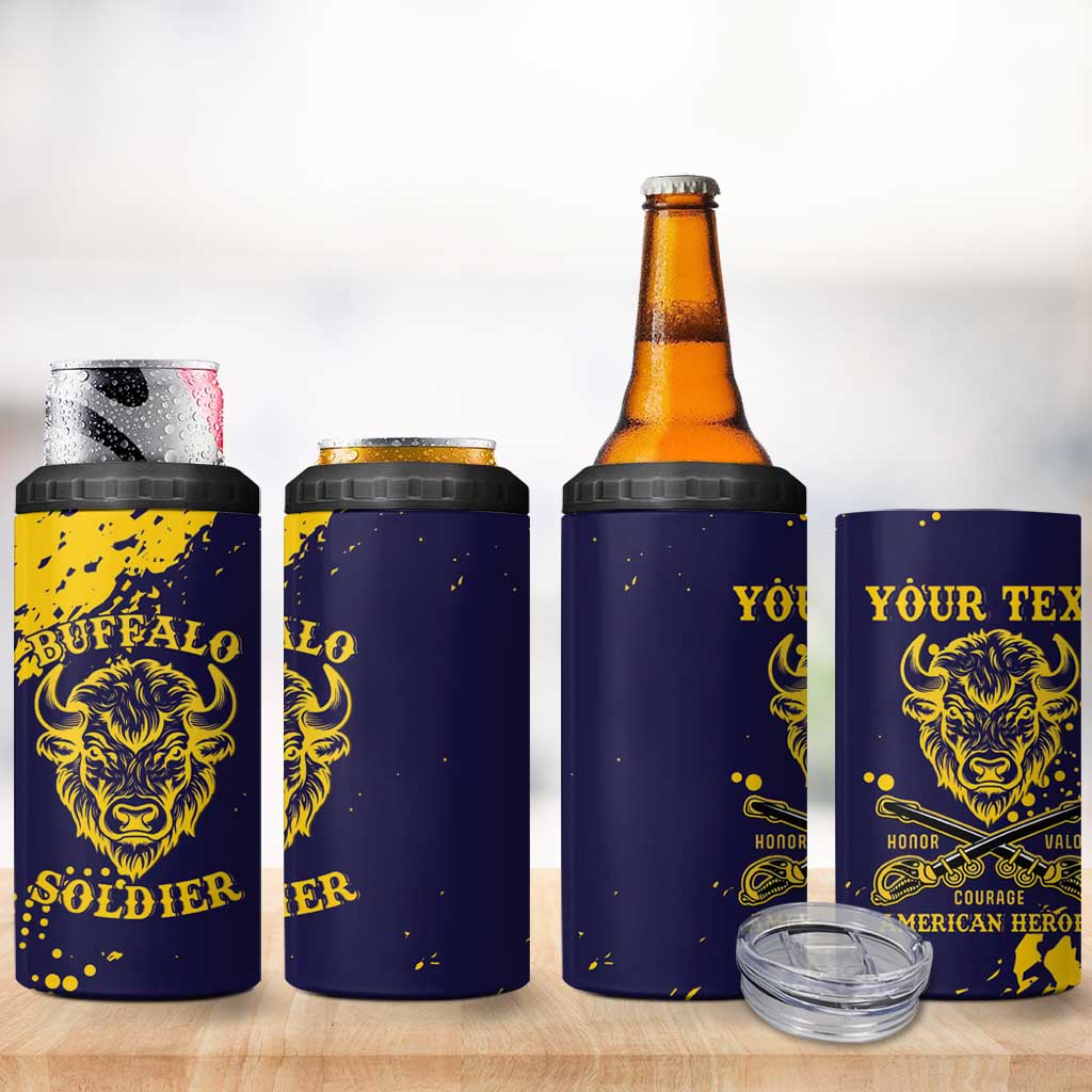 Personalized African-American Heroes 4 in 1 Can Cooler Tumbler Bison Buffalo Soldiers - Blue Grunge Style - African Pride
