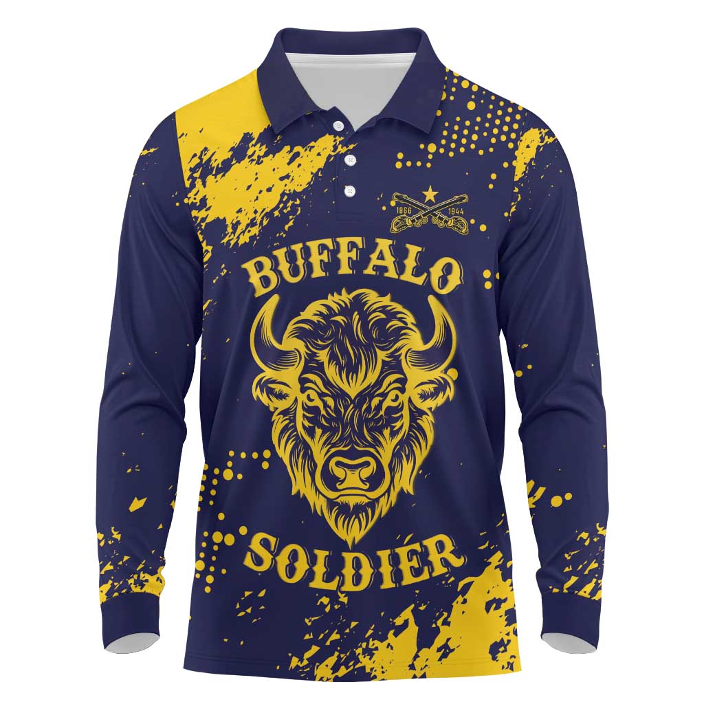 Personalized African-American Heroes Long Sleeve Polo Shirt Bison Buffalo Soldiers - Blue Grunge Style - African Pride