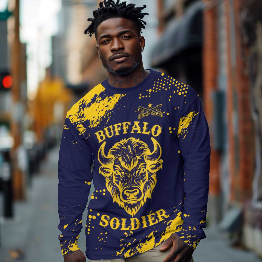 Personalized African-American Heroes Long Sleeve Shirt Bison Buffalo Soldiers - Blue Grunge Style - African Pride
