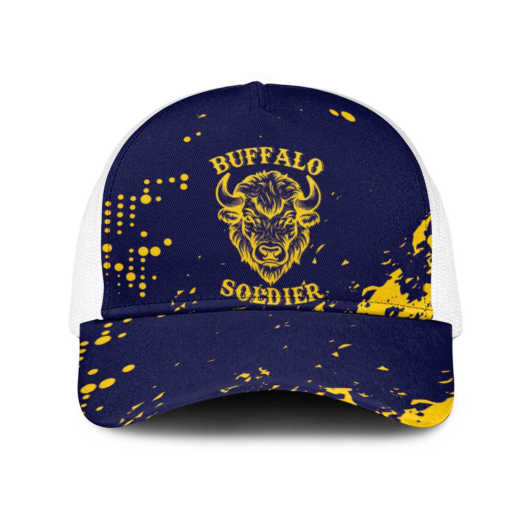 Personalized African-American Heroes Mesh Trucker Cap Bison Buffalo Soldiers - Blue Grunge Style - African Pride