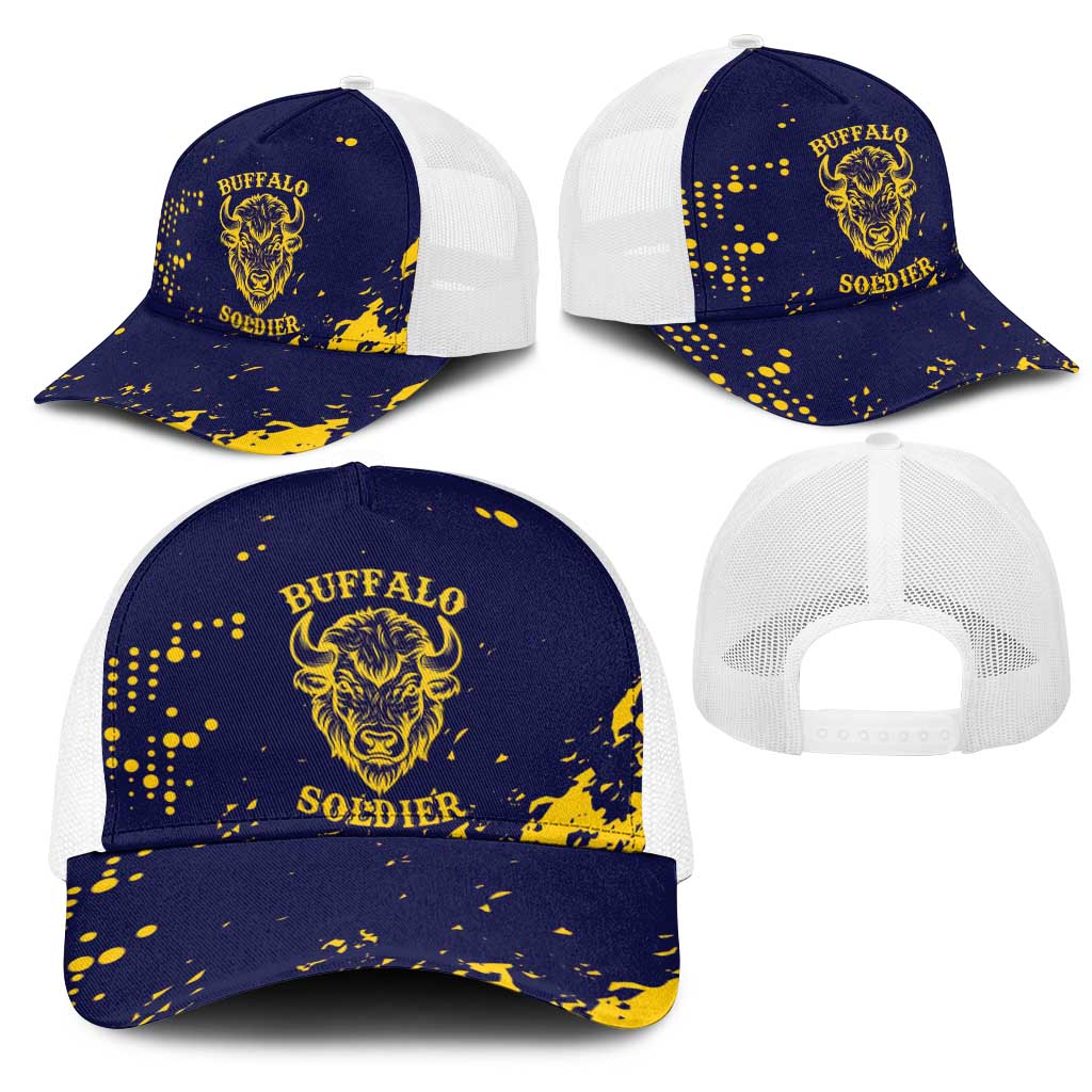 Personalized African-American Heroes Mesh Trucker Cap Bison Buffalo Soldiers - Blue Grunge Style - African Pride
