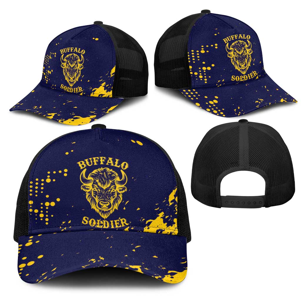 Personalized African-American Heroes Mesh Trucker Cap Bison Buffalo Soldiers - Blue Grunge Style - African Pride