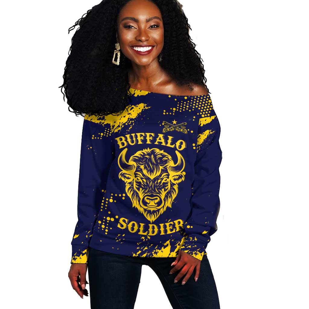 Personalized African-American Heroes Off Shoulder Sweater Bison Buffalo Soldiers - Blue Grunge Style - African Pride