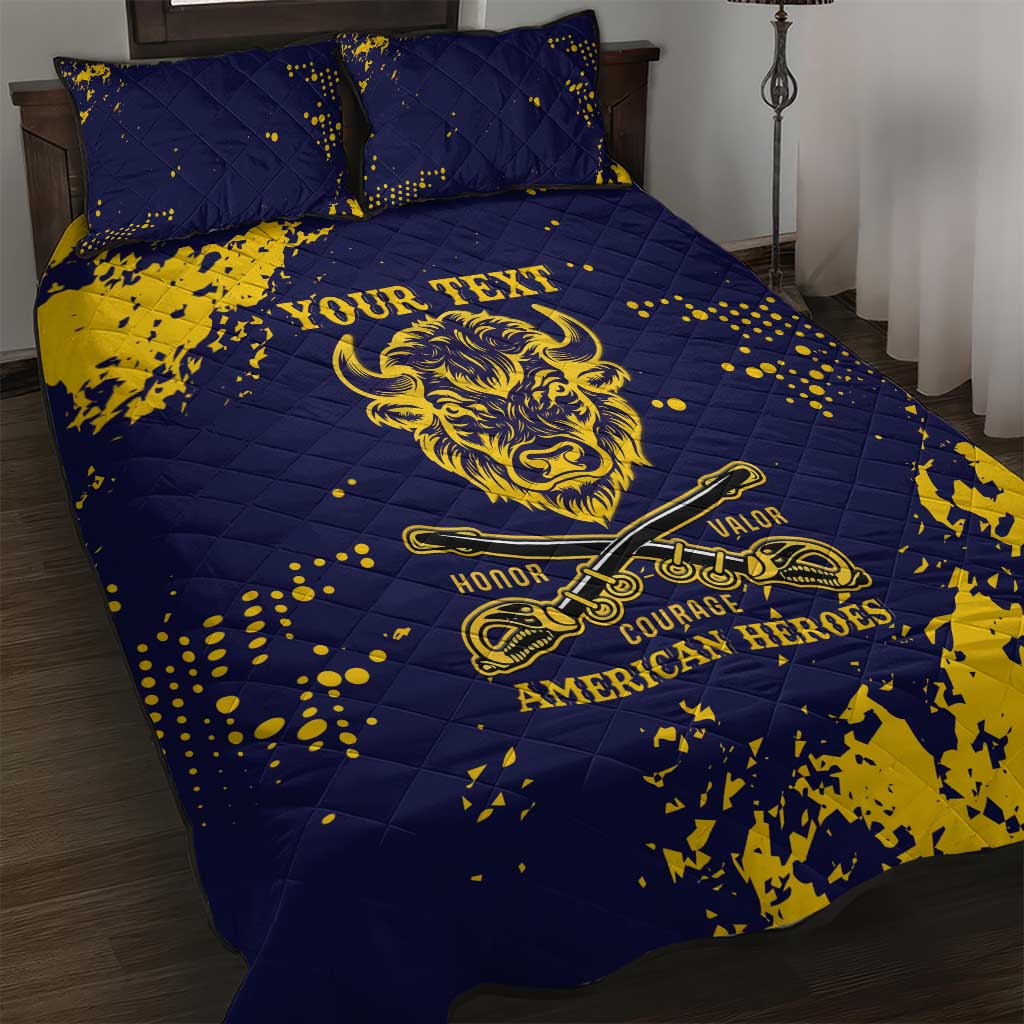 Personalized African-American Heroes Quilt Bed Set Bison Buffalo Soldiers - Blue Grunge Style - African Pride