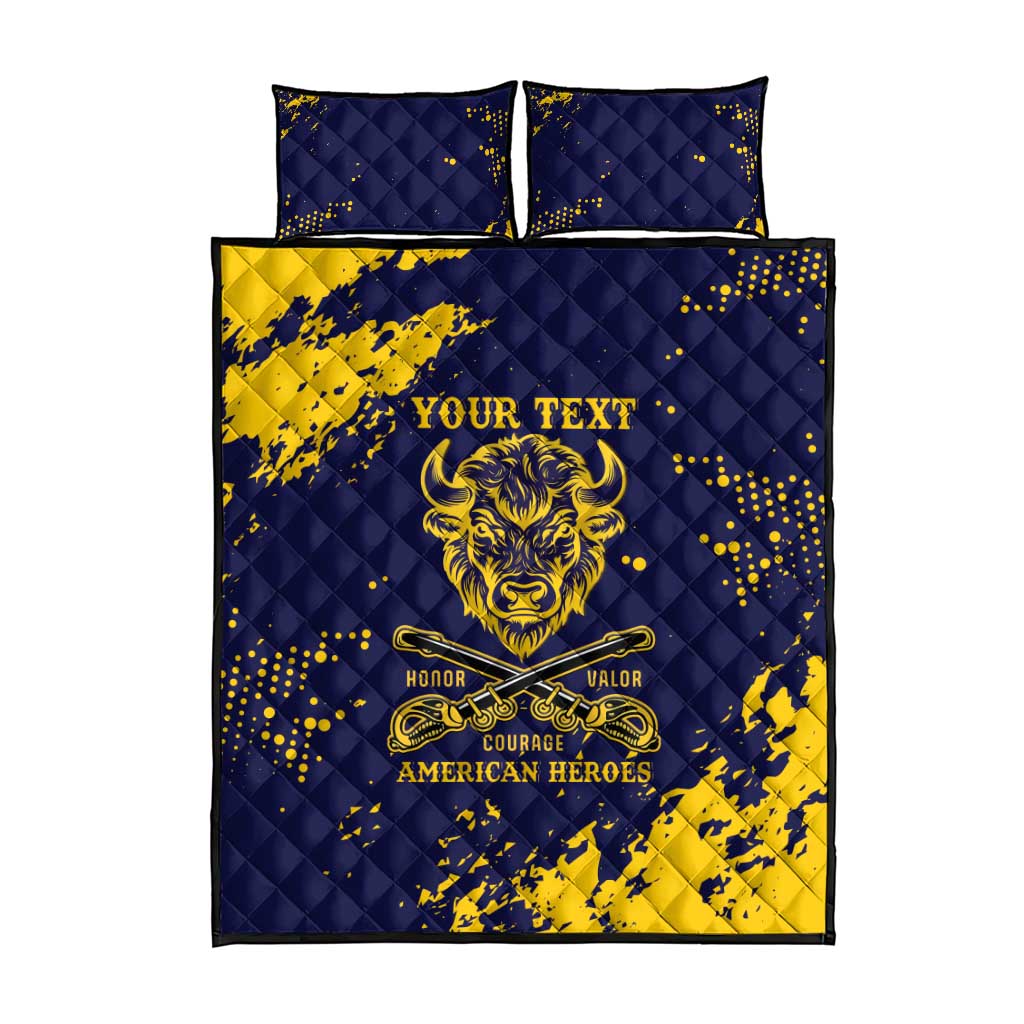 Personalized African-American Heroes Quilt Bed Set Bison Buffalo Soldiers - Blue Grunge Style - African Pride