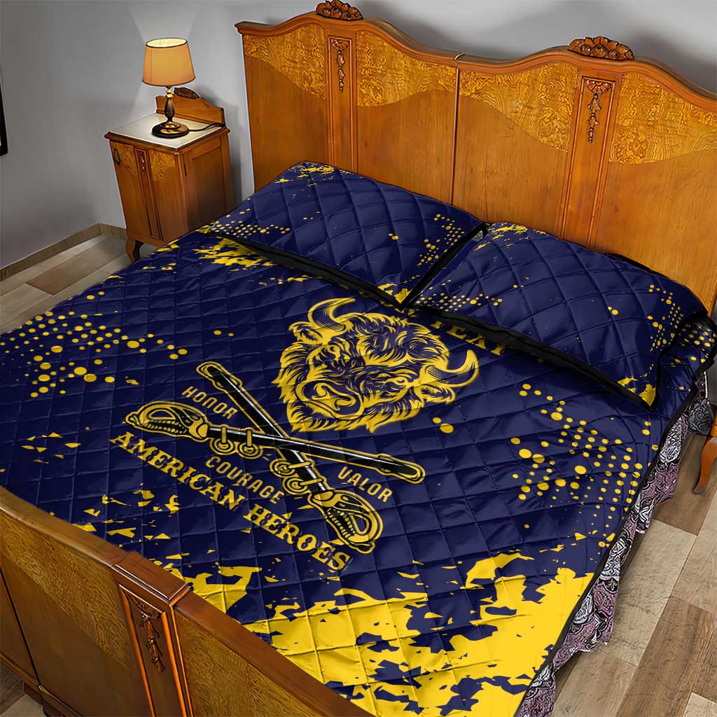 Personalized African-American Heroes Quilt Bed Set Bison Buffalo Soldiers - Blue Grunge Style - African Pride