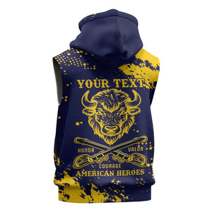 Personalized African-American Heroes Sleeveless Hoodie Bison Buffalo Soldiers - Blue Grunge Style - African Pride