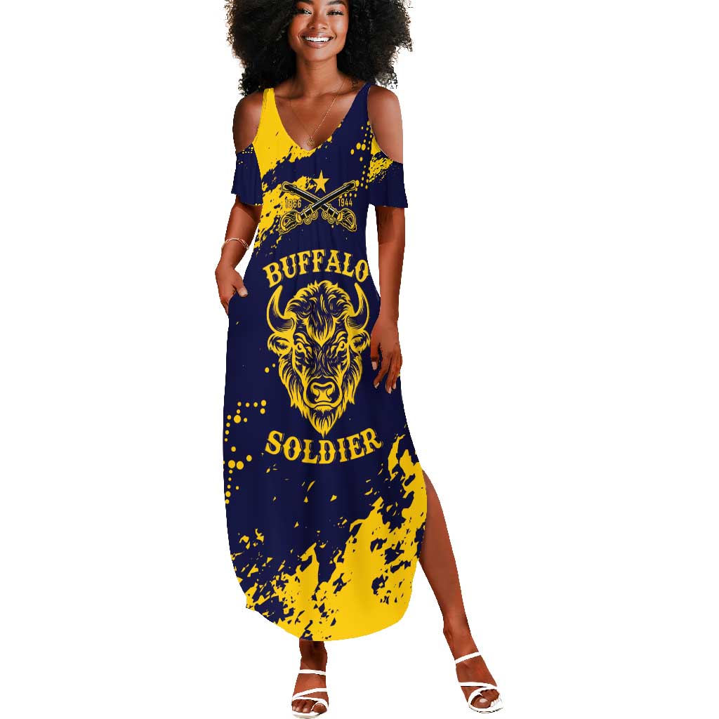 Personalized African-American Heroes Summer Maxi Dress Bison Buffalo Soldiers - Blue Grunge Style - African Pride