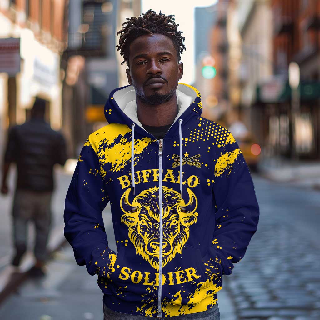 Personalized African-American Heroes Zip Hoodie Bison Buffalo Soldiers - Blue Grunge Style - African Pride