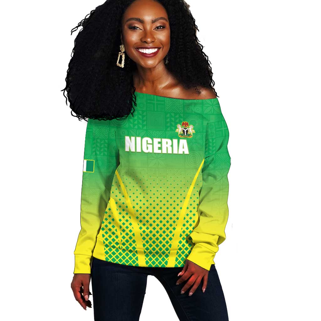 Custom Nigeria Cricket Off Shoulder Sweater Go Yellow Greens - African Pride