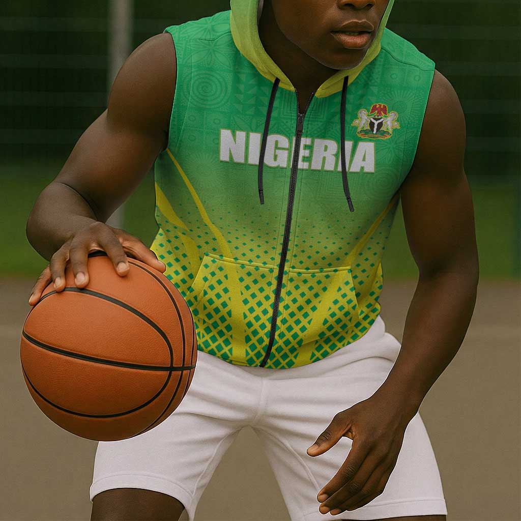 Custom Nigeria Cricket Sleeveless Zip Hoodie Go Yellow Greens - African Pride