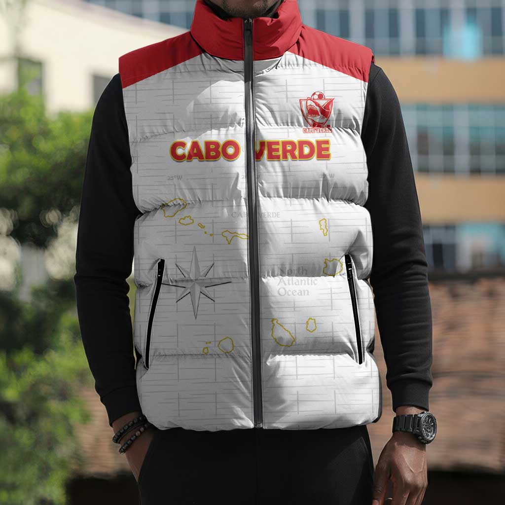 Custom Cape Verde Football Sleeveless Puffer Jacket Come On Tubaroes Azuis - White
