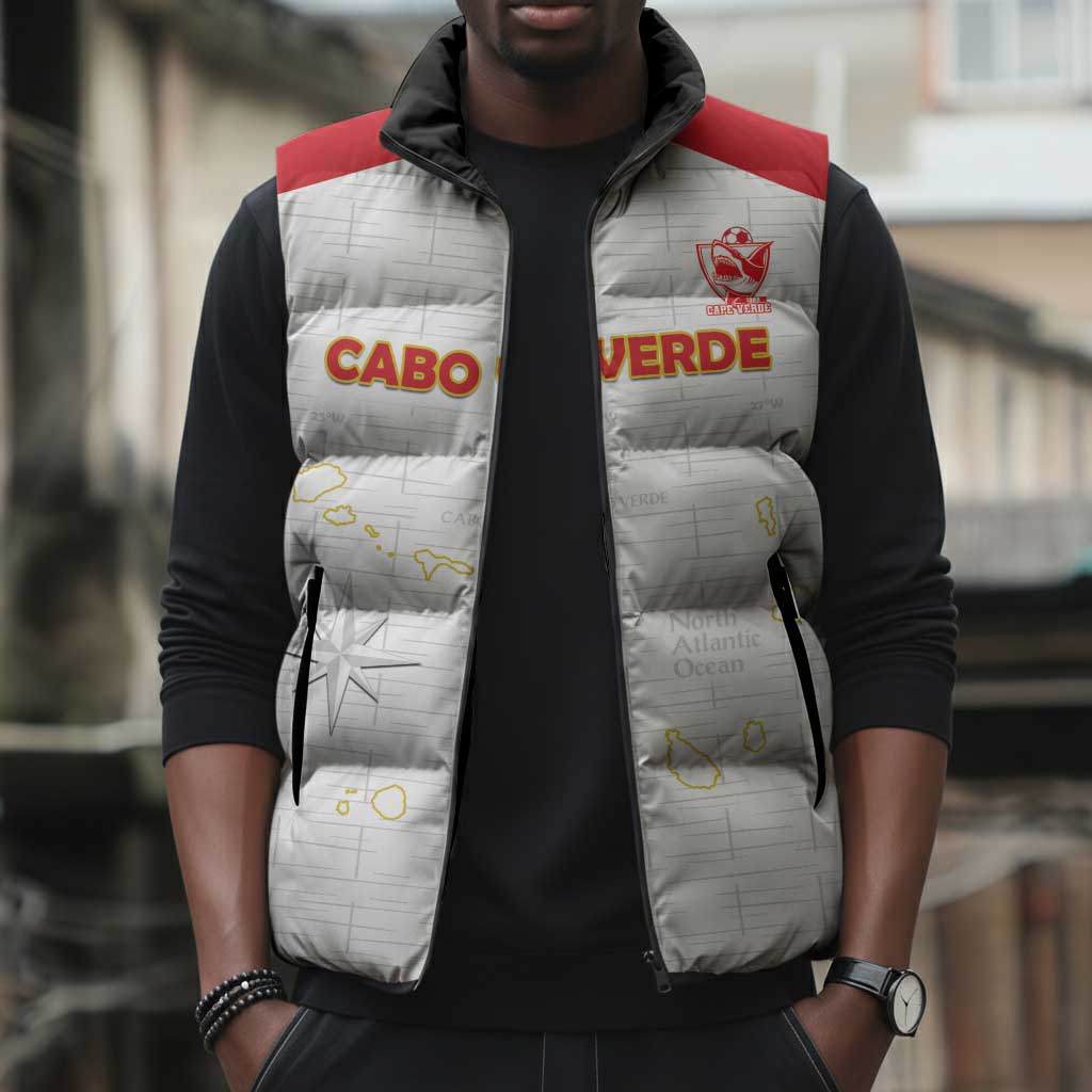 Custom Cape Verde Football Sleeveless Puffer Jacket Come On Tubaroes Azuis - White