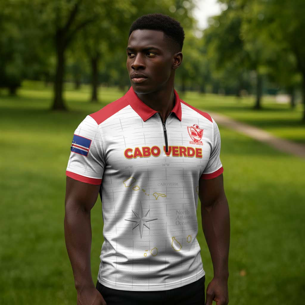 Custom Cape Verde Football Zipper Polo Shirt Come On Tubaroes Azuis - White