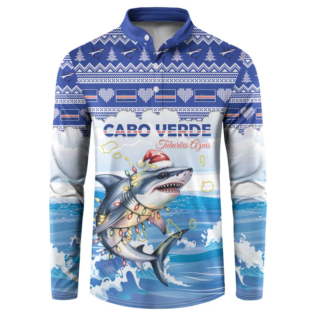 Personalized Cape Verde Football Christmas Button Sweatshirt Feliz Natal Tubaroes Azuis
