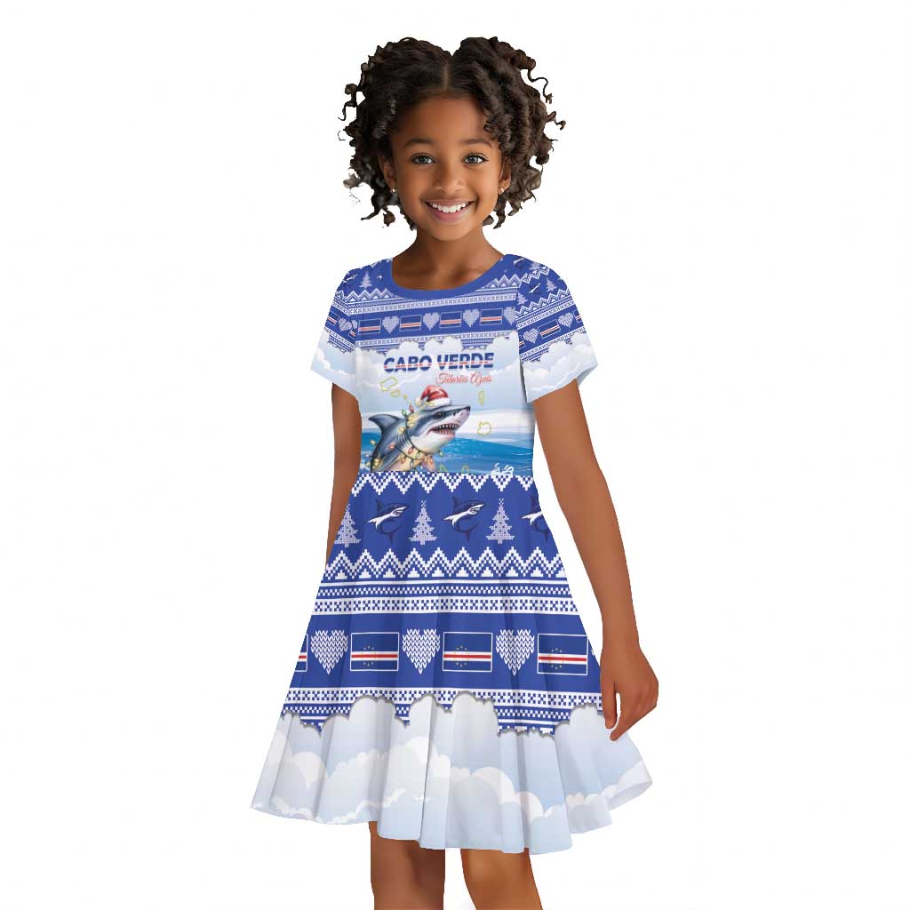 Afro Chirstmas Cabo Verde Football Personalized Kid Short Sleeve Dress Allez Tubaroes Azuis - African Pride