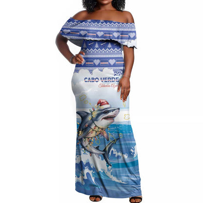 Afro Chirstmas Cabo Verde Football Personalized Off Shoulder Maxi Dress Allez Tubaroes Azuis - African Pride