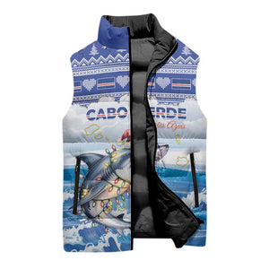 Personalized Cape Verde Football Christmas Sleeveless Puffer Jacket Feliz Natal Tubaroes Azuis