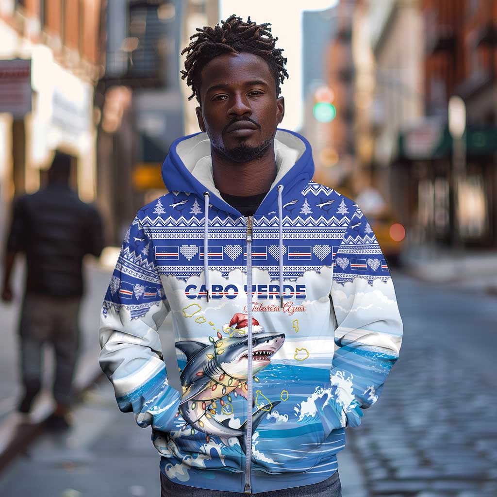 Afro Chirstmas Cabo Verde Football Personalized Zip Hoodie Allez Tubaroes Azuis - African Pride