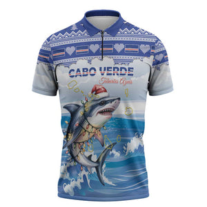 Personalized Cape Verde Football Christmas Zipper Polo Shirt Feliz Natal Tubaroes Azuis