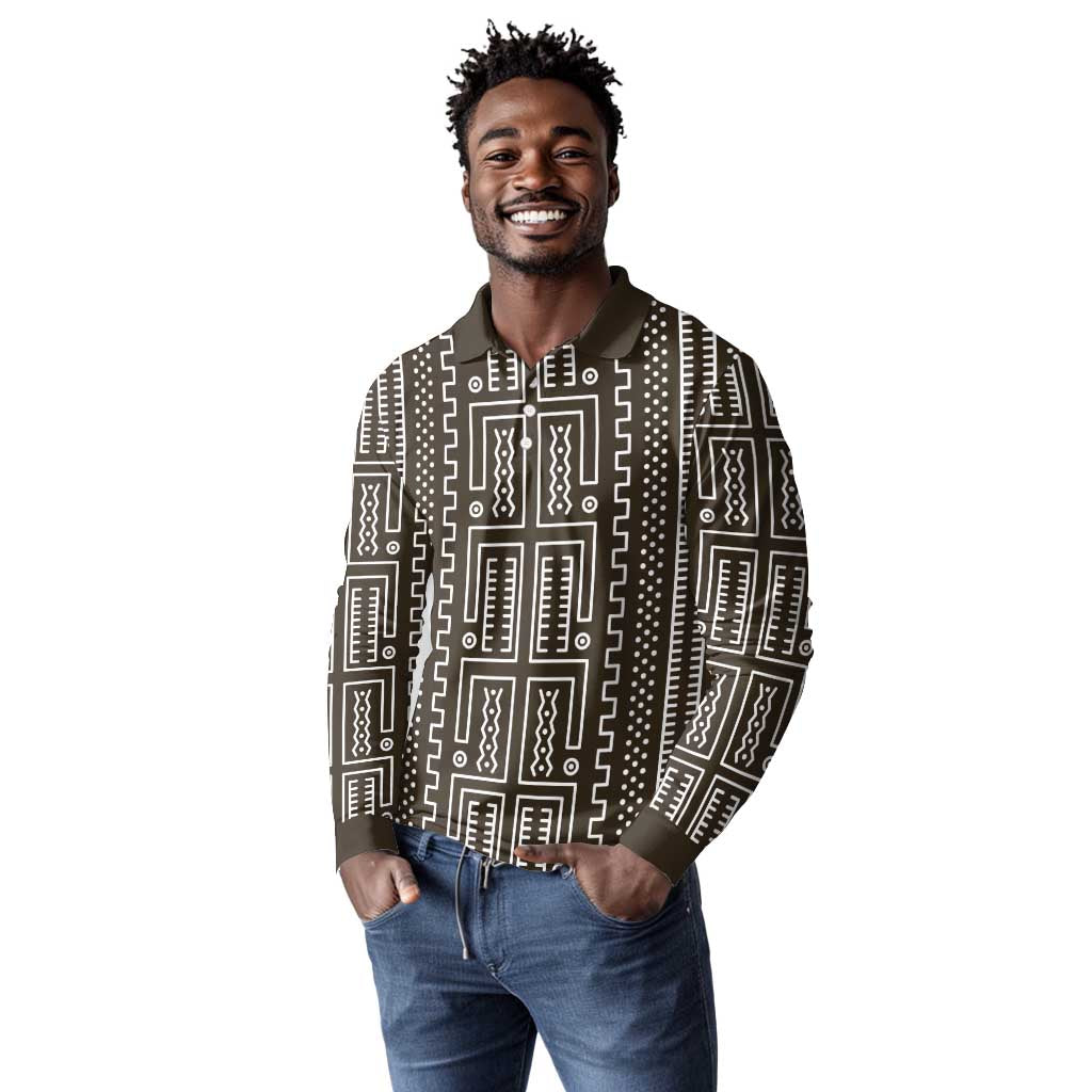 Mali Mud Cloth Bogolanfini Pattern Long Sleeve Polo Shirt - African Pride