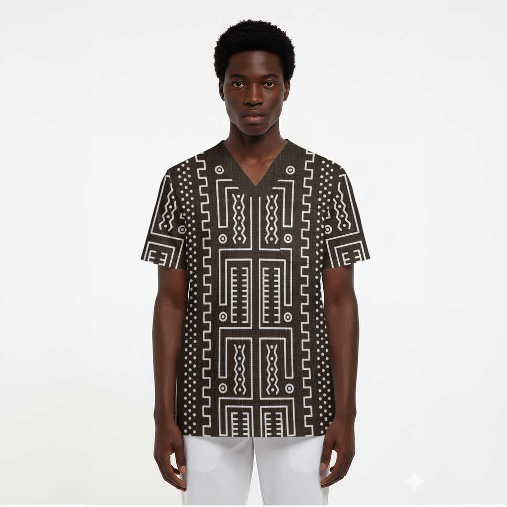 Mali Mud Cloth Bogolanfini Pattern Scrub Top - African Pride
