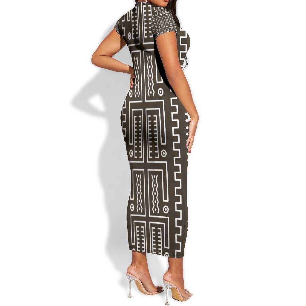 Mali Mud Cloth Bogolanfini Pattern Short Sleeve Bodycon Dress - African Pride