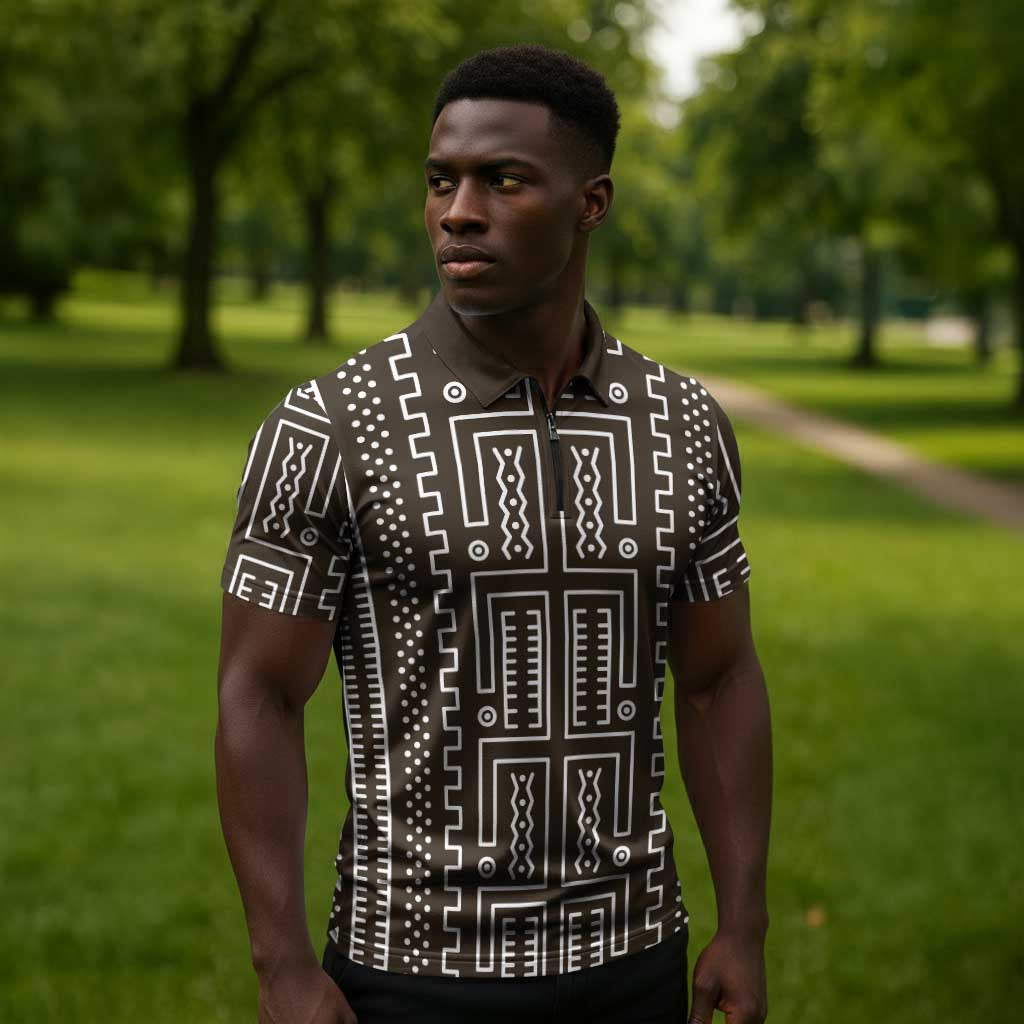 Mali Mud Cloth Zipper Polo Shirt Bogolanfini Pattern