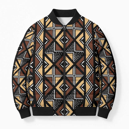 Mali Mud Cloth Legacy Pattern Bomber Puffer Jacket Ethnic Geometry Style