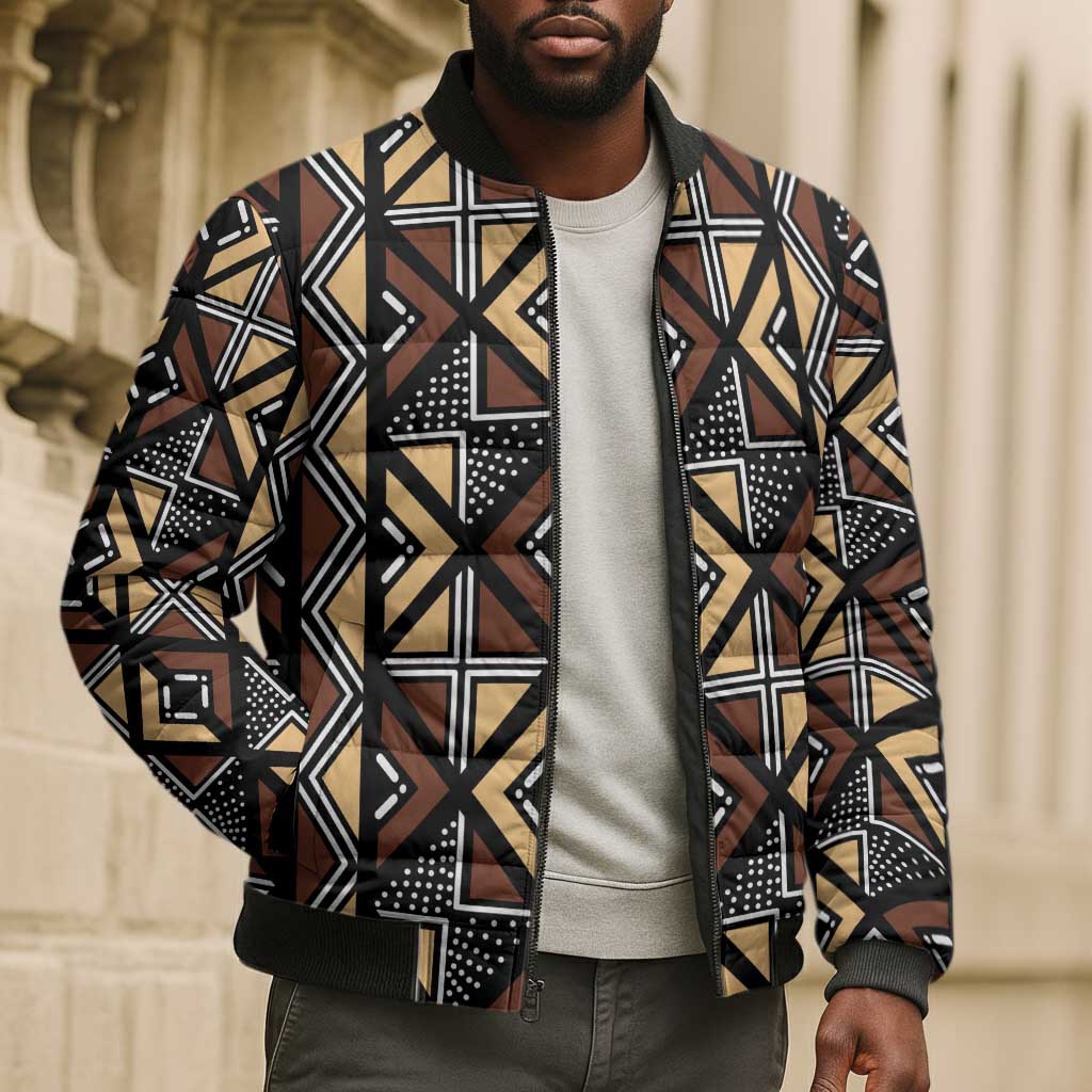 Mali Mud Cloth Legacy Pattern Bomber Puffer Jacket Ethnic Geometry Style