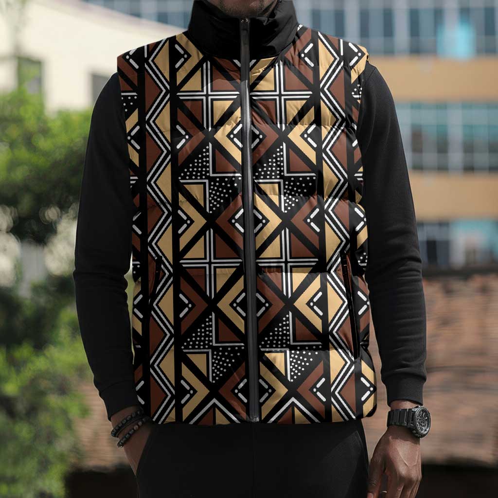 Mali Mud Cloth Legacy Pattern Sleeveless Puffer Jacket Ethnic Geometry Style
