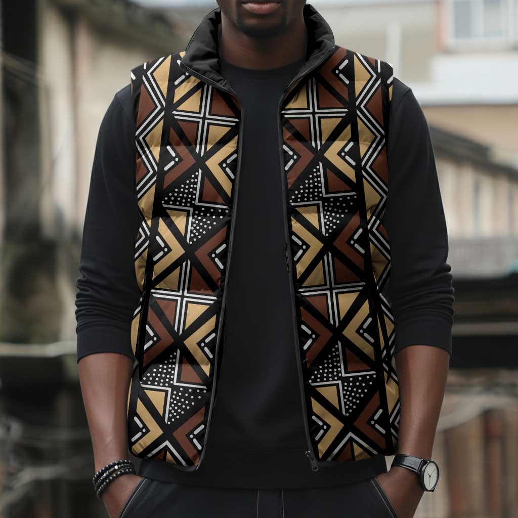 Mali Mud Cloth Legacy Pattern Sleeveless Puffer Jacket Ethnic Geometry Style