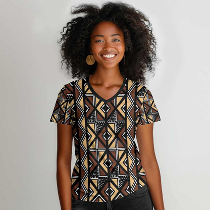 Mali Mud Cloth Legacy Women V-Neck T-Shirt African Tribal Pattern - African Pride