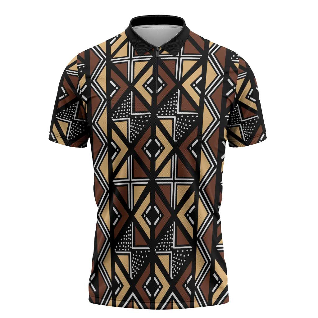 Mali Mud Cloth Legacy Pattern Zipper Polo Shirt Ethnic Geometry Style